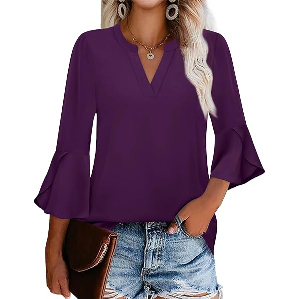 Womens Summer Dressy Chiffon Blouse Notch V Neck Petal Sleeve Tops
