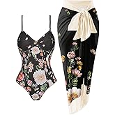 Women's One Piece Swimsuit with Beach Cover Up Retro Floral Print Bathing Suits with Coverup Set Sarong Wrap Swim Suit 1 Piece Swimwear Set with Matching Skirt Black Floral X-Large