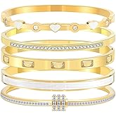 Camhanno Pink Heart Bangle Bracelets for Women - 18K Gold Plated Stackable Stainless Steel, Friendship & Love Jewelry Gift for Her