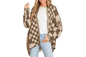 Saodimallsu Womens Checkered Sweater Color Block Plaid Cardigans Oversized Long Sleeve Knit Open Front Coats