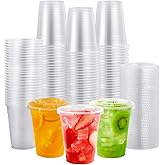 FOCUSLINE 200 PACK 12oz Clear Plastic Cups, Disposable Cold Drinking Cups, 12 Ounce Clear Cups with Flat Lids with Holes for Smoothie, Milkshake, Bubble Tea, Parfait