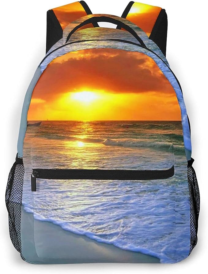 Beach With Sunset Print Casual Backpacktravel Backpack Multipurpose