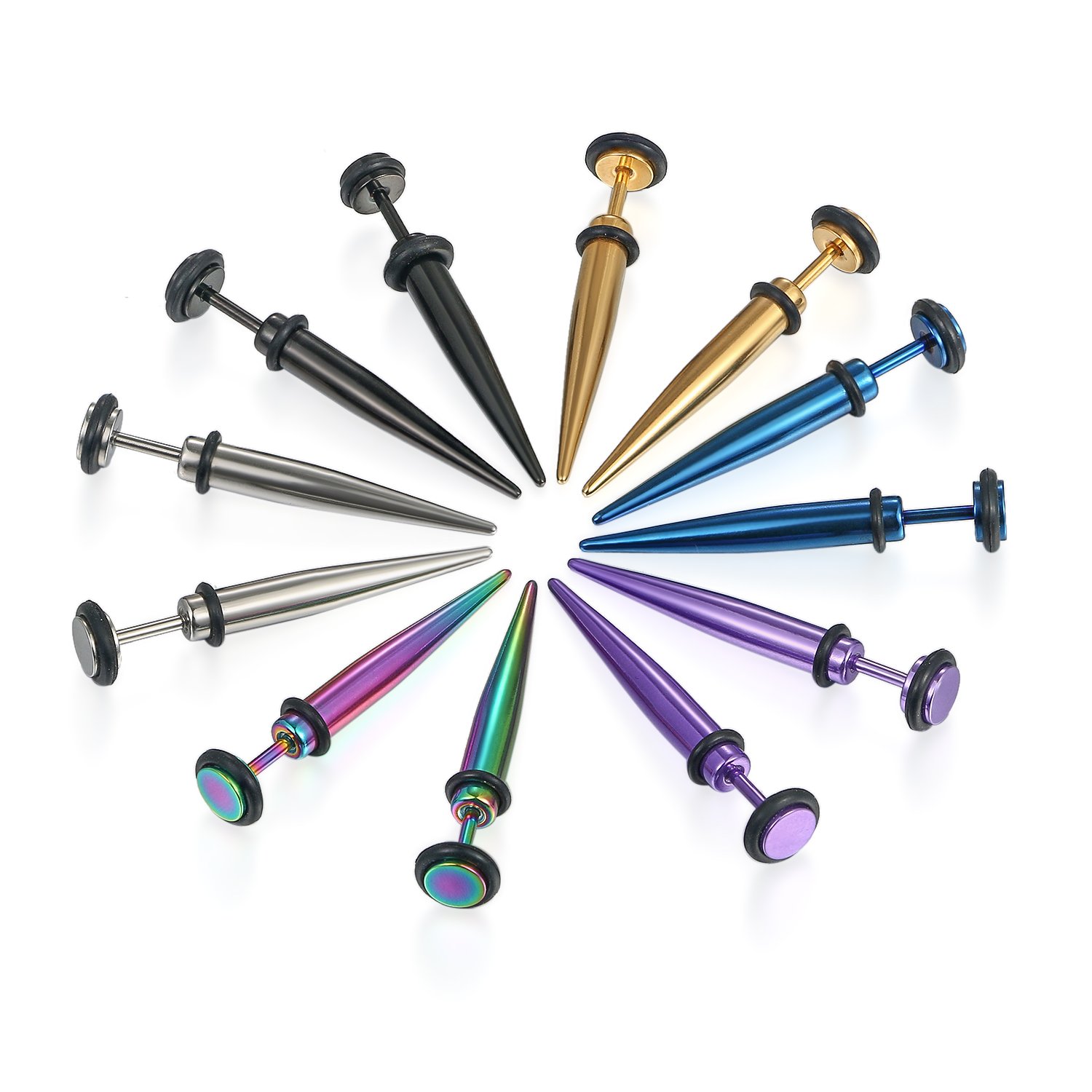 JewelryWe 6 Pairs of Hip Hop Mixed Color 16G Stainless Steel Taper with O Ring Fake Cheater Illusion Ear Plug Earrings-5MM