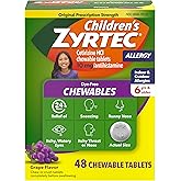 Zyrtec Children's Dye-Free Chewables for 24 Hour Allergy Relief, 10 mg Cetirizine Hydrochloride Antihistamine Tablets, Kids Allergy Medicine Relieves Sneezing & Itchy Throat, Grape, 48 ct