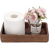 Sumnacon 10 Inch Rattan Bathroom Vanity Tray - Decorative Wicker Toilet Tank Tray for Paper Hand Towel, Vintage Storage Basket Bin for Bathroom Kitchen Toilet Tank Vanity Countertop Table Shelf, Brown