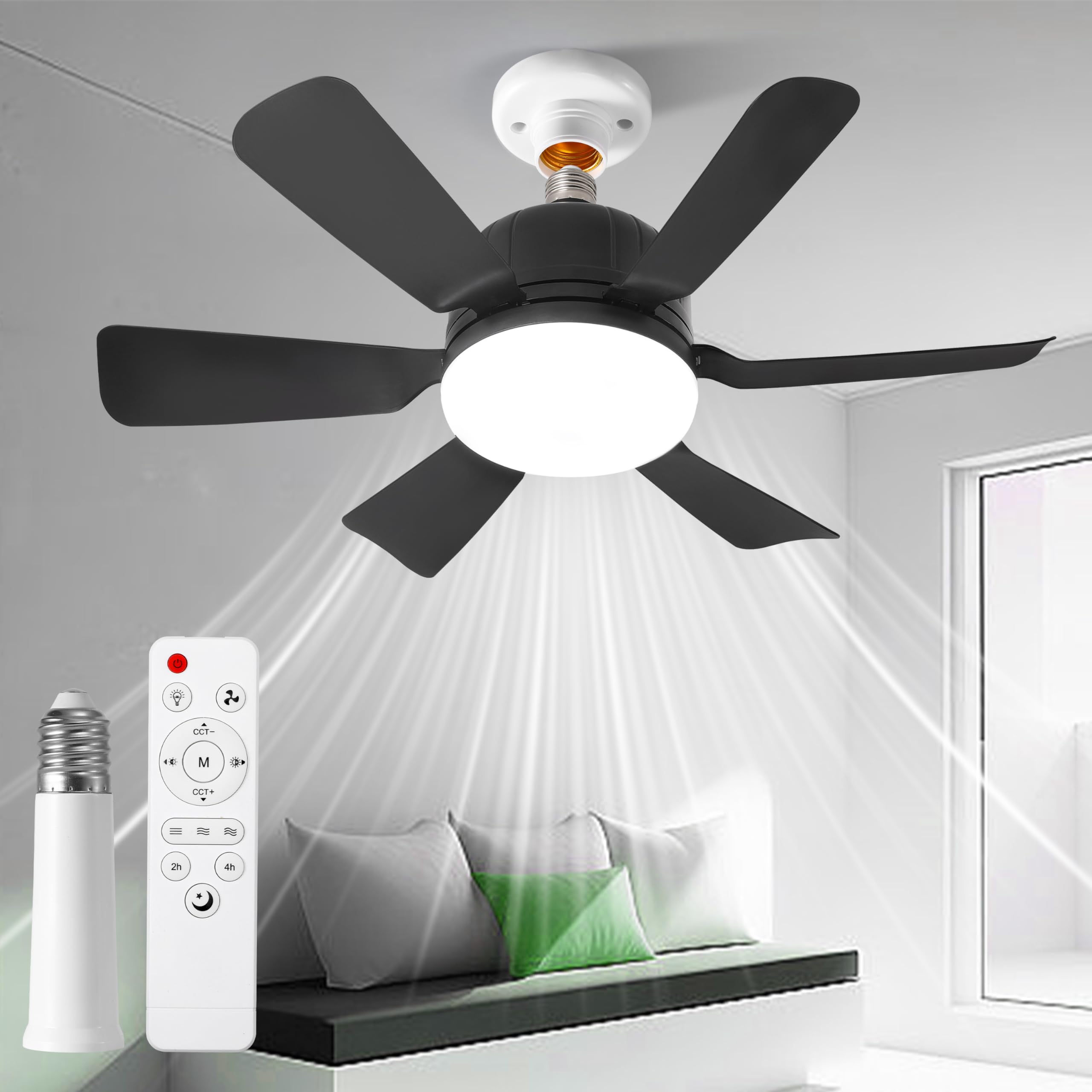 Photo 1 of Hywyimlait Socket Fan Light with Remote, Portable Ceiling Fans with Lights for Bedroom, Kitchen, Living Room, 3 Color Stepless Dimming, Screws into E27, Black (Six Blade)