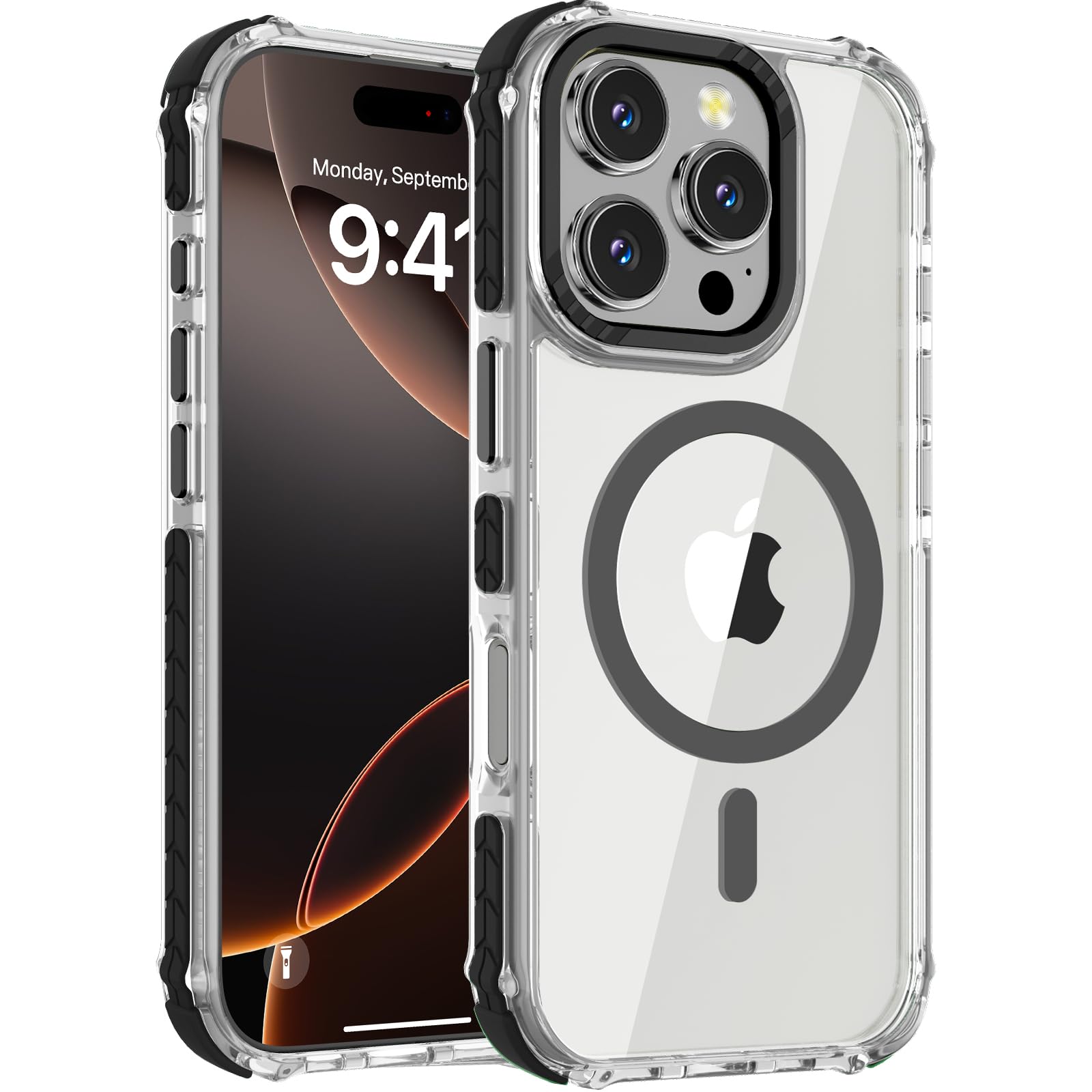 Photo 1 of DEERLAMN Strong Magnetic Case for iPhone 16 Pro 6.3-Inch,[Compatible with Magsafe] Clear Slim Shockproof Protective Phone Cover for Women Men-Transparent+Black