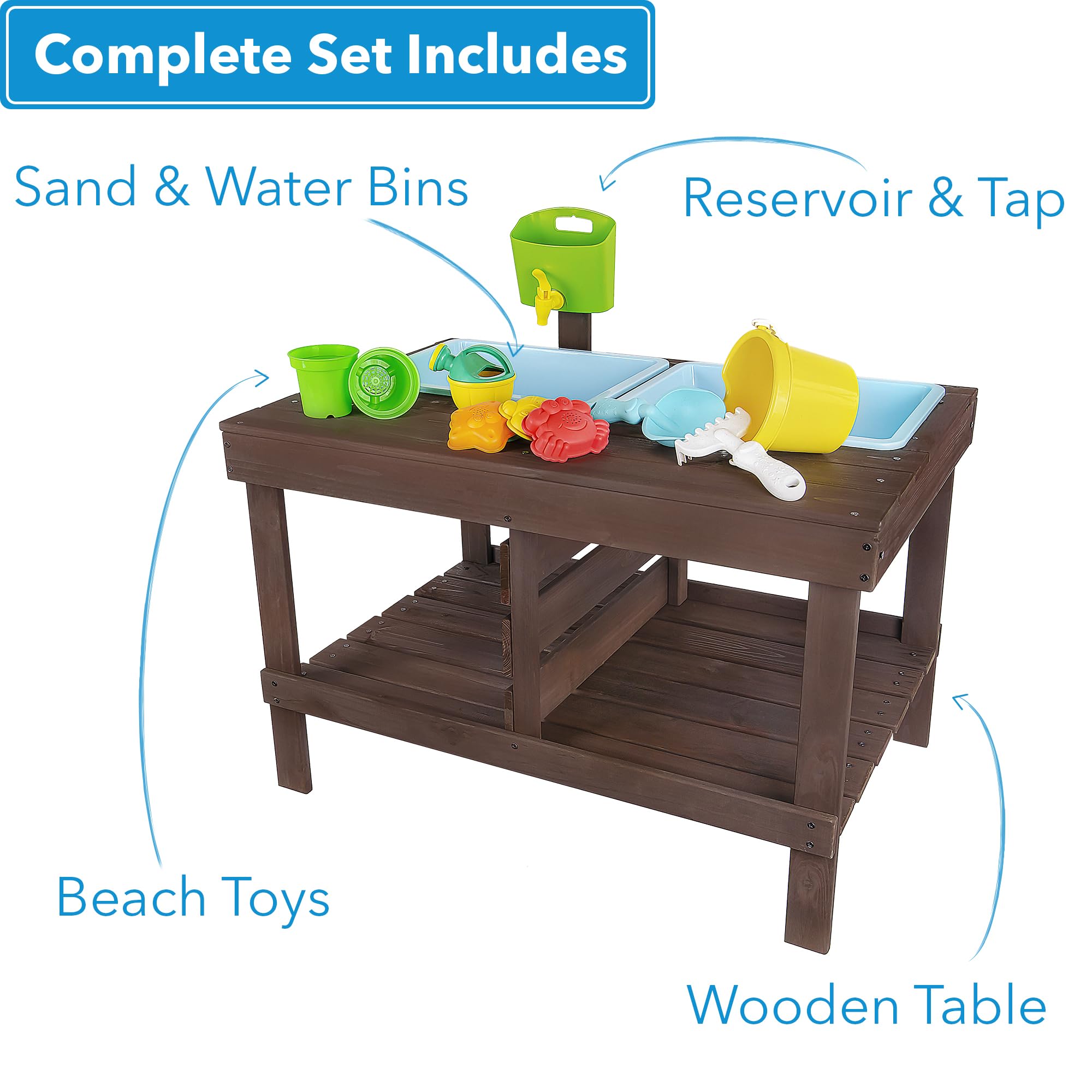 WONKAWOO Sand and Water Table for Toddlers | Outdoor Wooden Sensory Sand Table with 2 Plastic Bins, Built-in Water Tap and Beach Toys Included | Sand & Splash Oasis™ Standing Play Activity Table