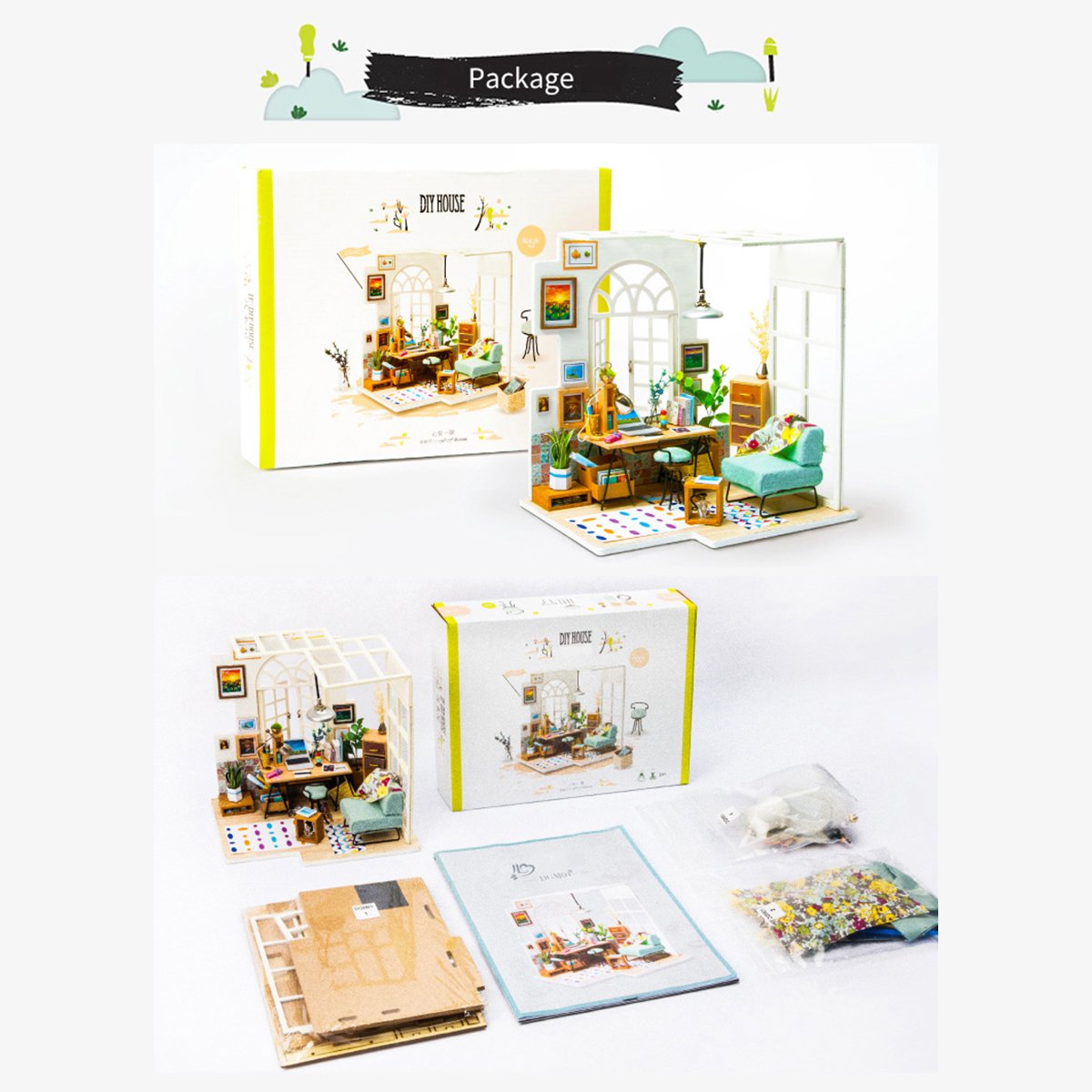 ROBOTIME Miniature Dollhouse Kit Decorations with Lights and Furnitures DIY House Craft Kits (SOHO TIME)