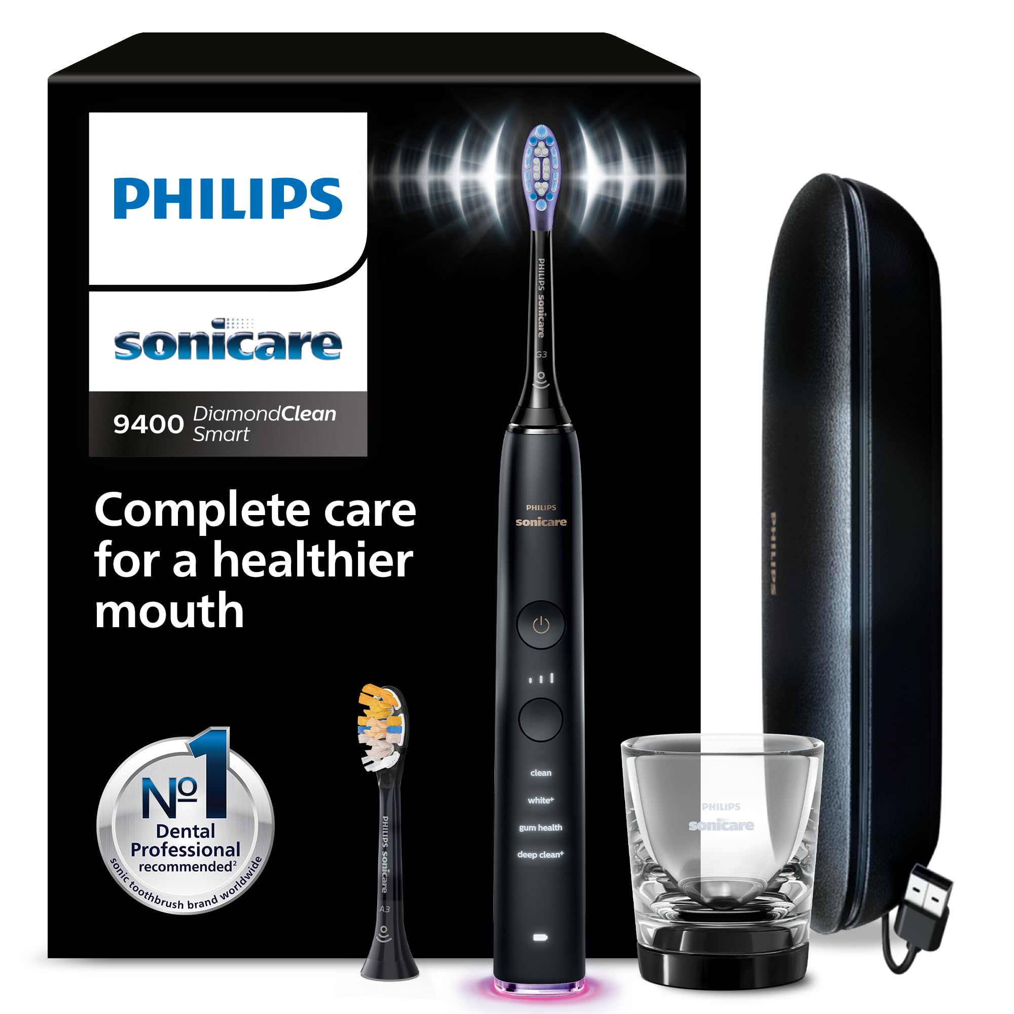 Philips Sonicare Diamondclean Smart 9400 - Brosse à Dents Électrique avec Application, Capteur De Pression, Détection De La Tête De Brosse, 4 Modes De Brossage, 3 Niveaux D'Intensité, Noir, Hx9917/89