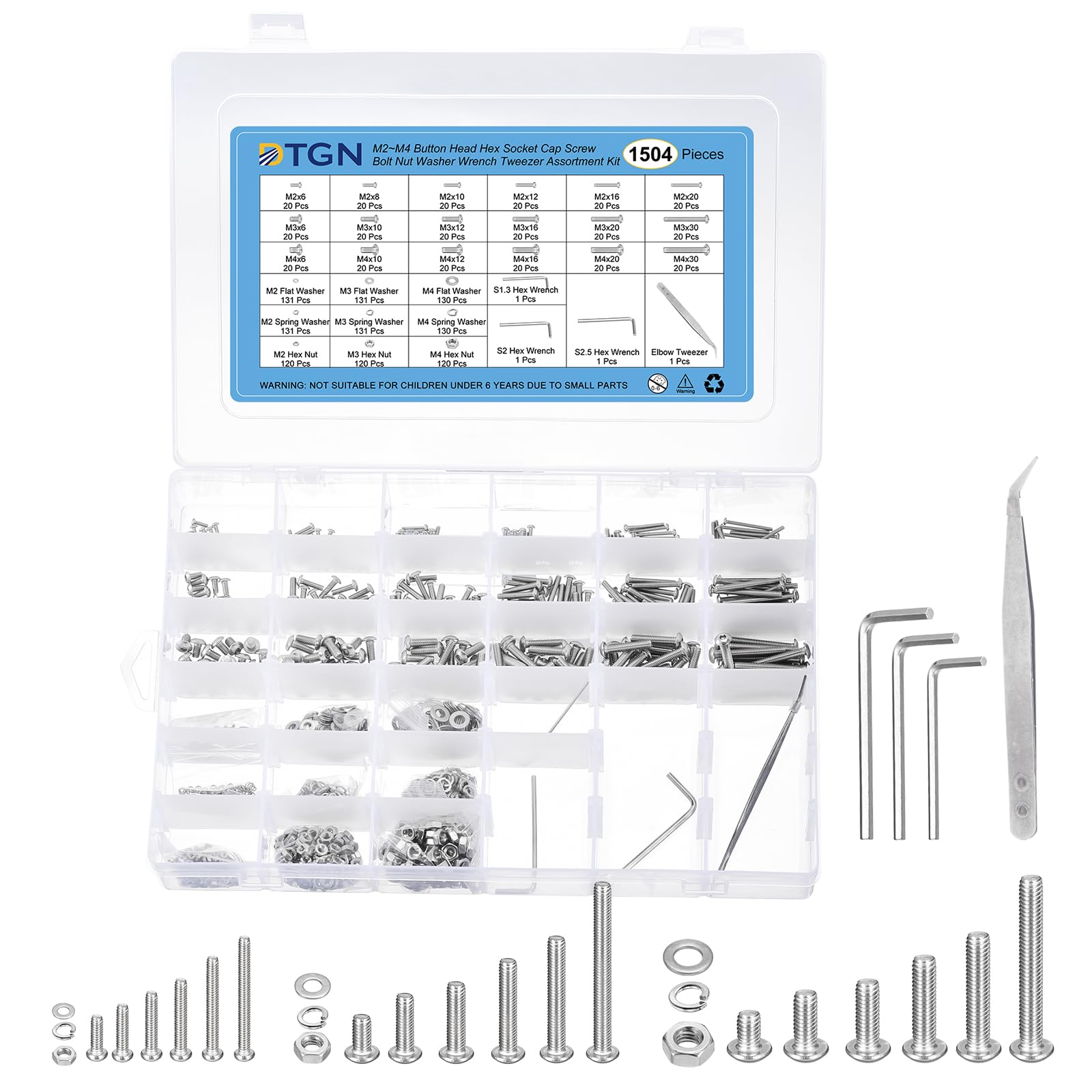 DTGN 1504Pcs M2/M3/M4 Button Head Hex Socket Cap Screw - Bolt Nut Washer Wrench Tweezer Assortment Kit 304 Stainless Steel - Good for Machine, Furniture