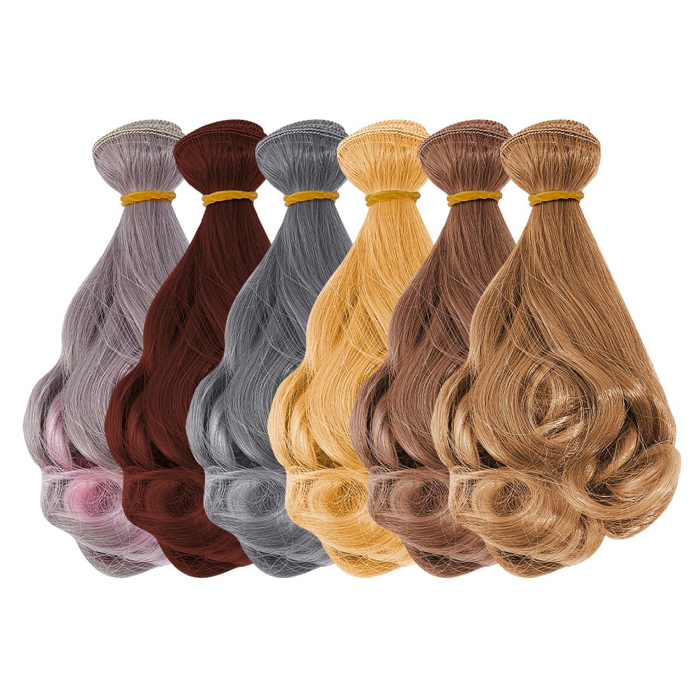 DICOSMETIC 6Pcs Doll Hair Wig 15cm Curly Short Doll Hair High Temperature Fiber Dolls Hairs Weft Extensions Dark Color Faux Hairs Replacement for Dolls Making Kits Arts Supplies