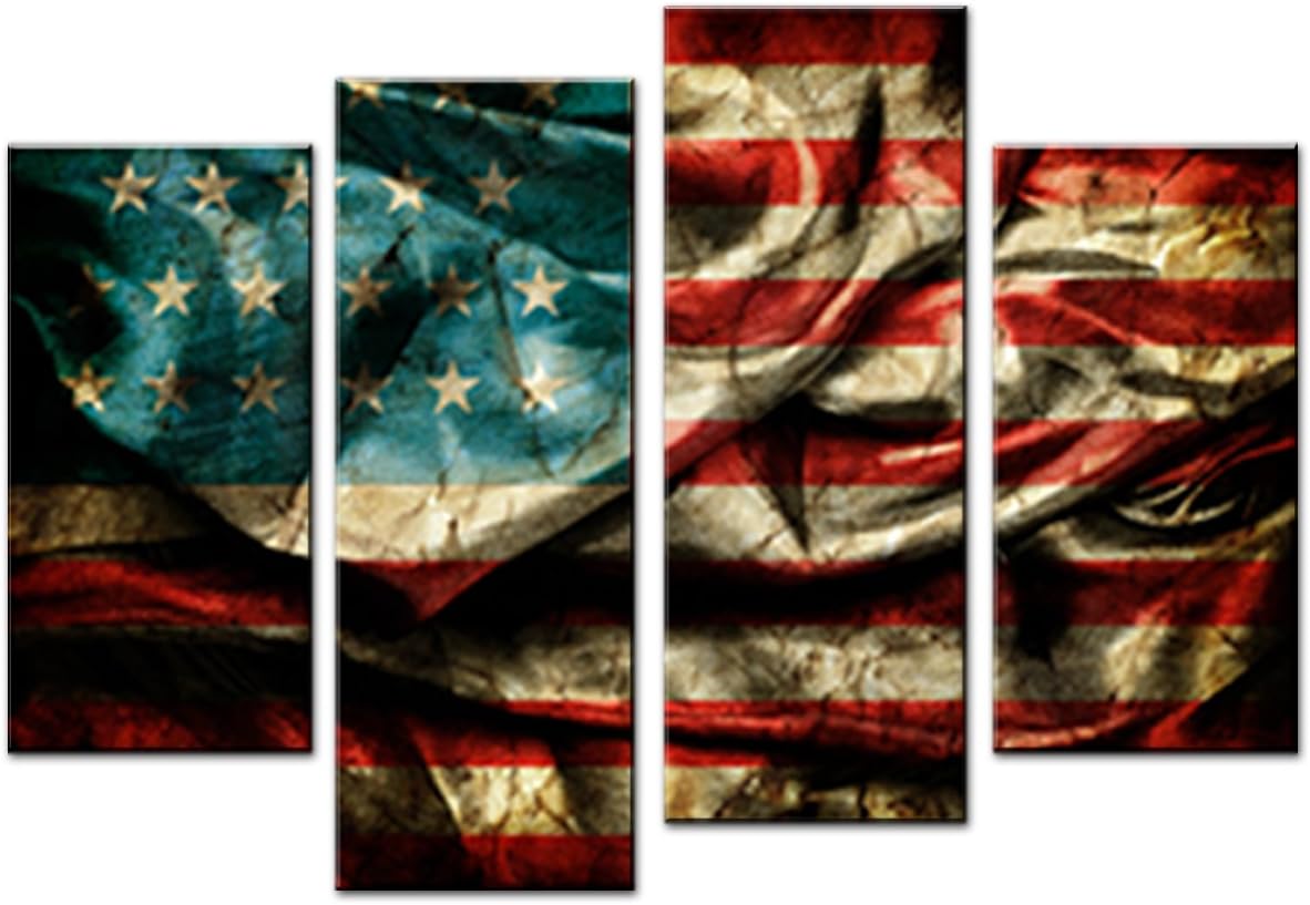 MOCO ART Retro American Flag Canvas Painting Print Wall Art Vintage Flag Paintings Giclee Artwork Living Room Wall Decoration 5 Panels Stretched Framed (12x24inchx2pcs+12x32inchx2pcs)