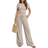 Trendy Queen Womens 2 Piece Lounge Matching Sets Wide Leg Pants Crew Neck Short Sleeve Shirt Sweatsuits