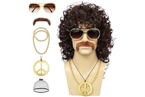 Guree Hair Mens Curly Wig + Glasses + Gold Chain + Peace Sign Necklace +Mustache + Wig Cap Long Curly Brown Wigs for 70s Disco Party Cosplay Costume Halloween Use（6pcs Set）