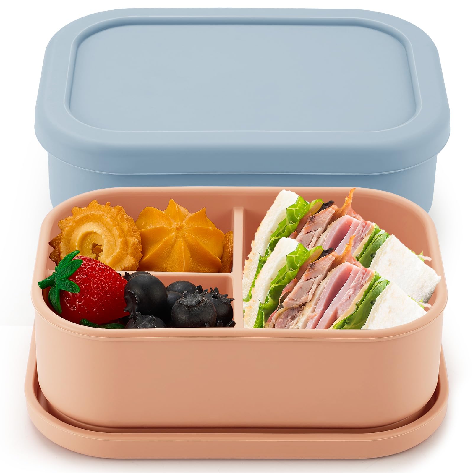 Photo 1 of Layhit 2 Pcs Silicone Bento Box Reusable 3 Compartment Silicone Bento Lunch Container for Adults Microwave Dishwasher Freezer Safe (Orange,Gray Blue)