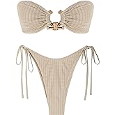 ZAFUL Metal Ring Bandeau Bikini Set Tie Side Bathing Suit High Cut 2 Piece Swimsuit Cutout Swimwear
