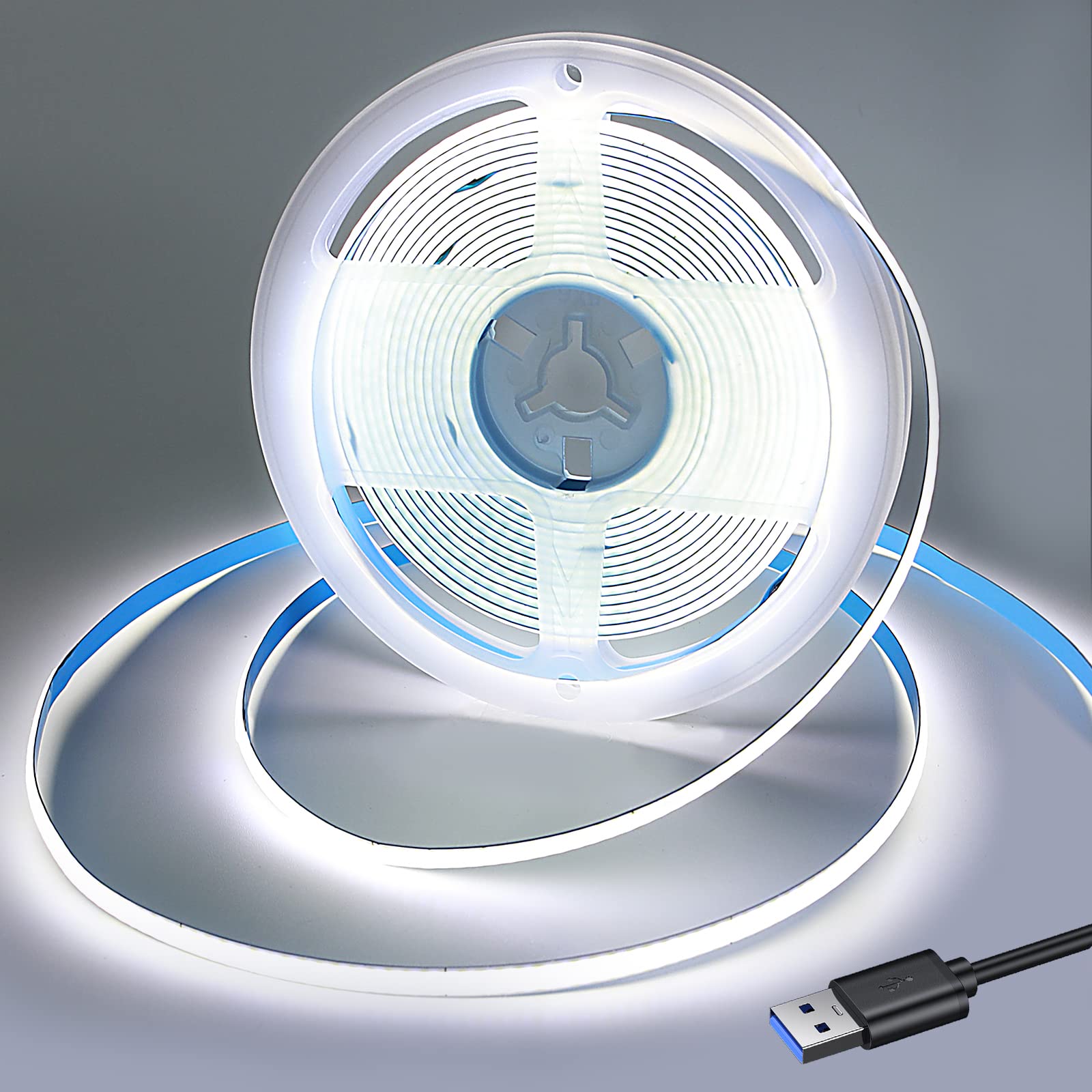 RYE USB Powered 5V COB LED Strip Light, 1.5M*320LEDs/M Cool White 6000K Soft Dotless Tape Light for TV/Monitor/Under Cabinet Kitchen/Wardrobe/Stairs Step Background Ambient DIY Lighting[Strip ONLY]