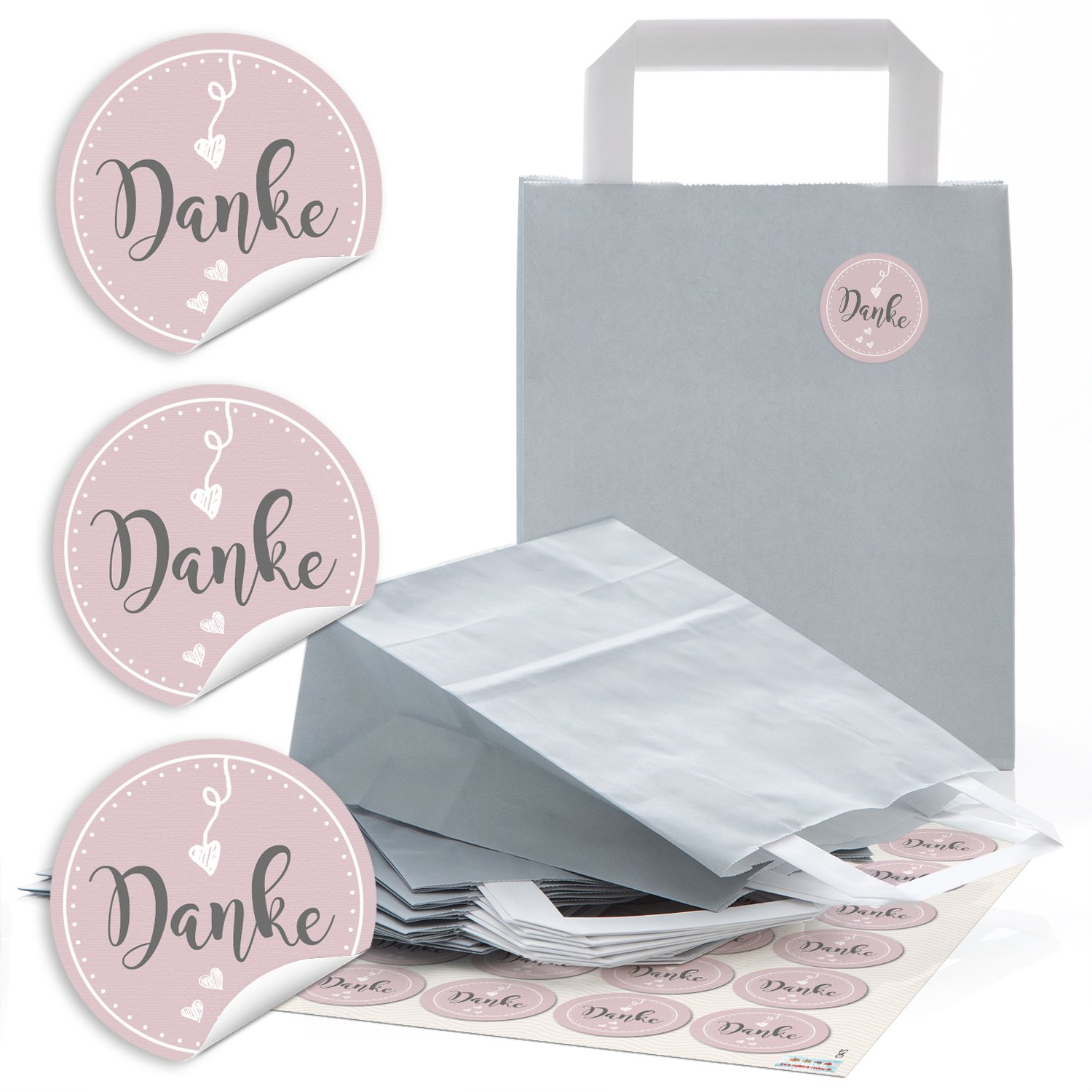 Logbuch-Verlag 24 Grey Pink Paper Bags Handle Thank You Sticker Customer Bag Gift Bag Paper Bag Give-Away Guest Gift Packaging 18 x 8 x 22 cm