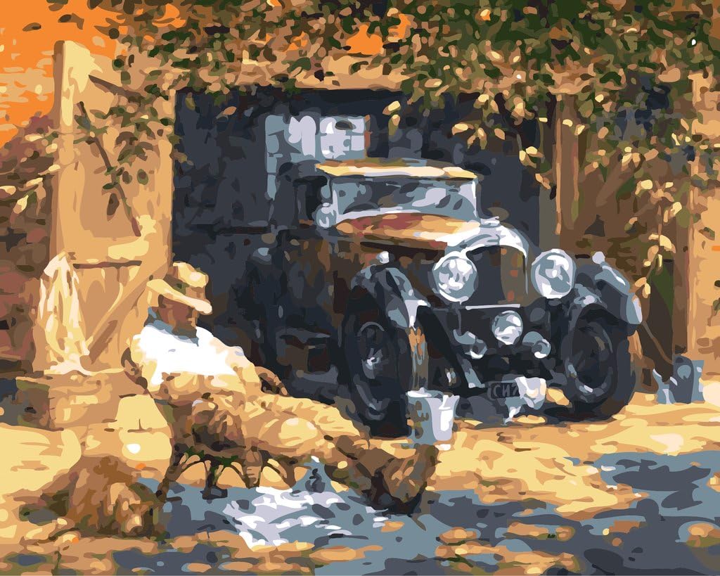 YEESAM ART DIY Paint by Numbers for Adults Beginner Bathing in The Sun and Classic Cars 16x20 inch Linen Canvas Acrylic Stress Less Number Painting Gifts