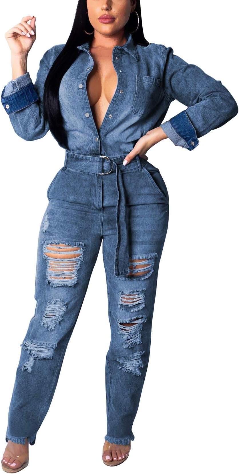 LKOUS Womens Summer Casual Short Sleeves High Waist One Piece Destroyed Ripped Jean Demin Jumpsuits Romper Overall Playsuit