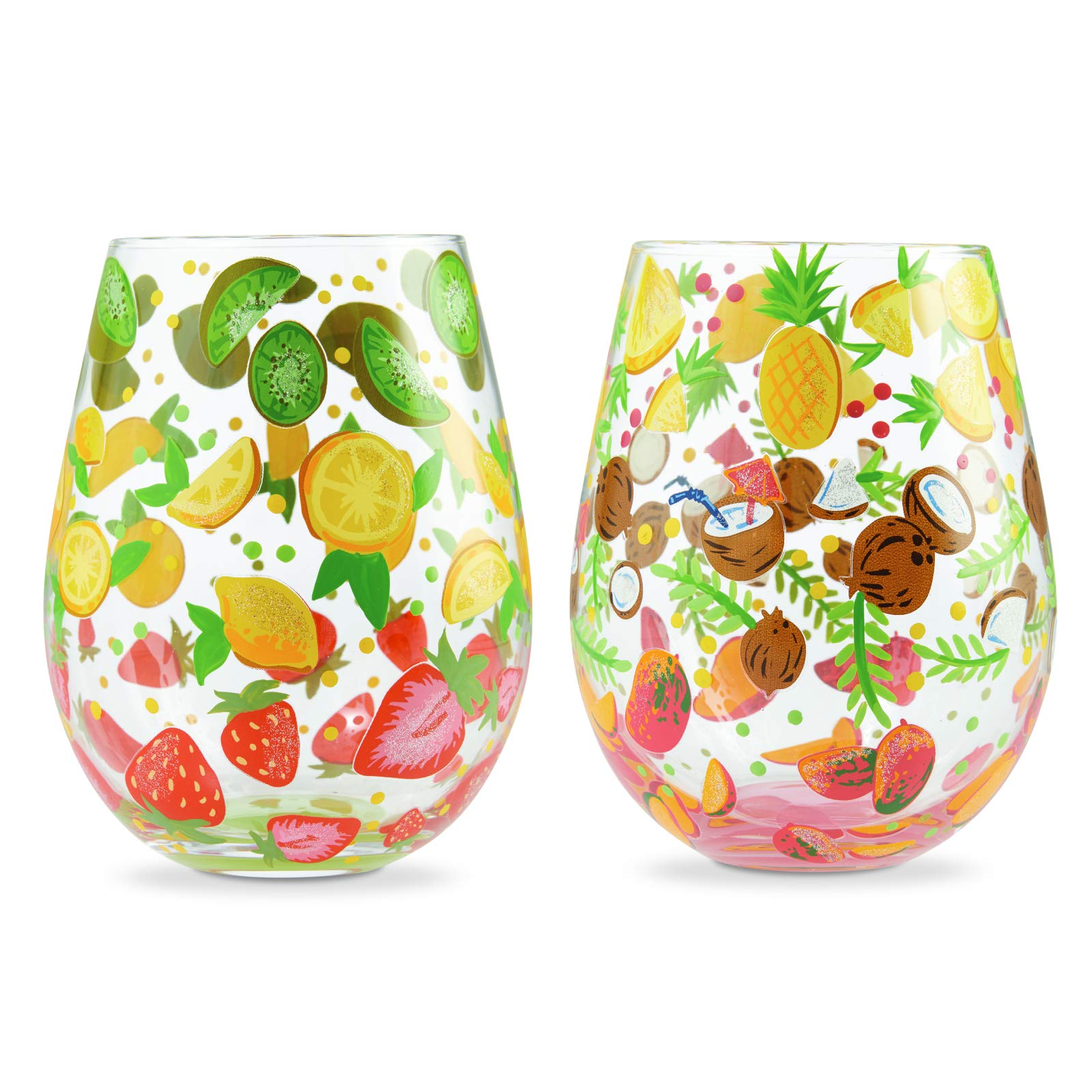 Enesco 6006289 Designs by Lolita Tutti Fruiti Hand-Painted Artisan Stemless Wine Glass Set, Multicolor
