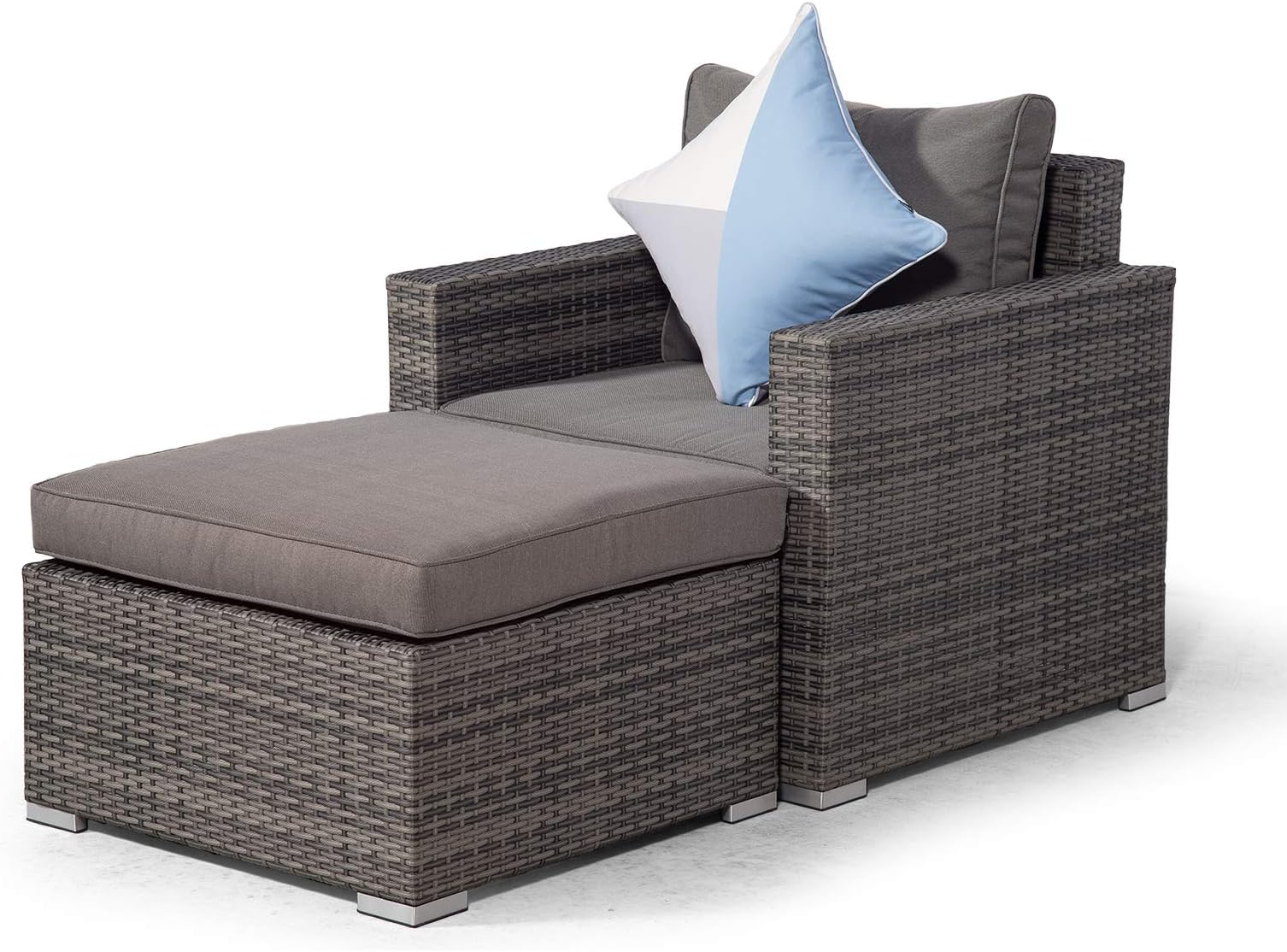 GiardinoSydney Grey Rattan Armchair & Ottoman Lounge Chair Set | Rattan Garden Lounge Chair Set with All Weather Furniture Covers