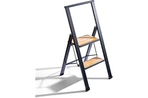 Step Ladder 2 Step Folding, Decorative - Beautiful Bamboo & Black Aluminum, Ultra Slim Profile, Anti Slip Steps, Sturdy-Portable for Home, Office, Kitchen, Photography Use,by SORFEY