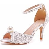 Crystal Queen 3 inches Stiletto Heels Pearls Sandals Peep Toe Bride Wedding Party Dress Shoes Women's Ankle Strap Sandals