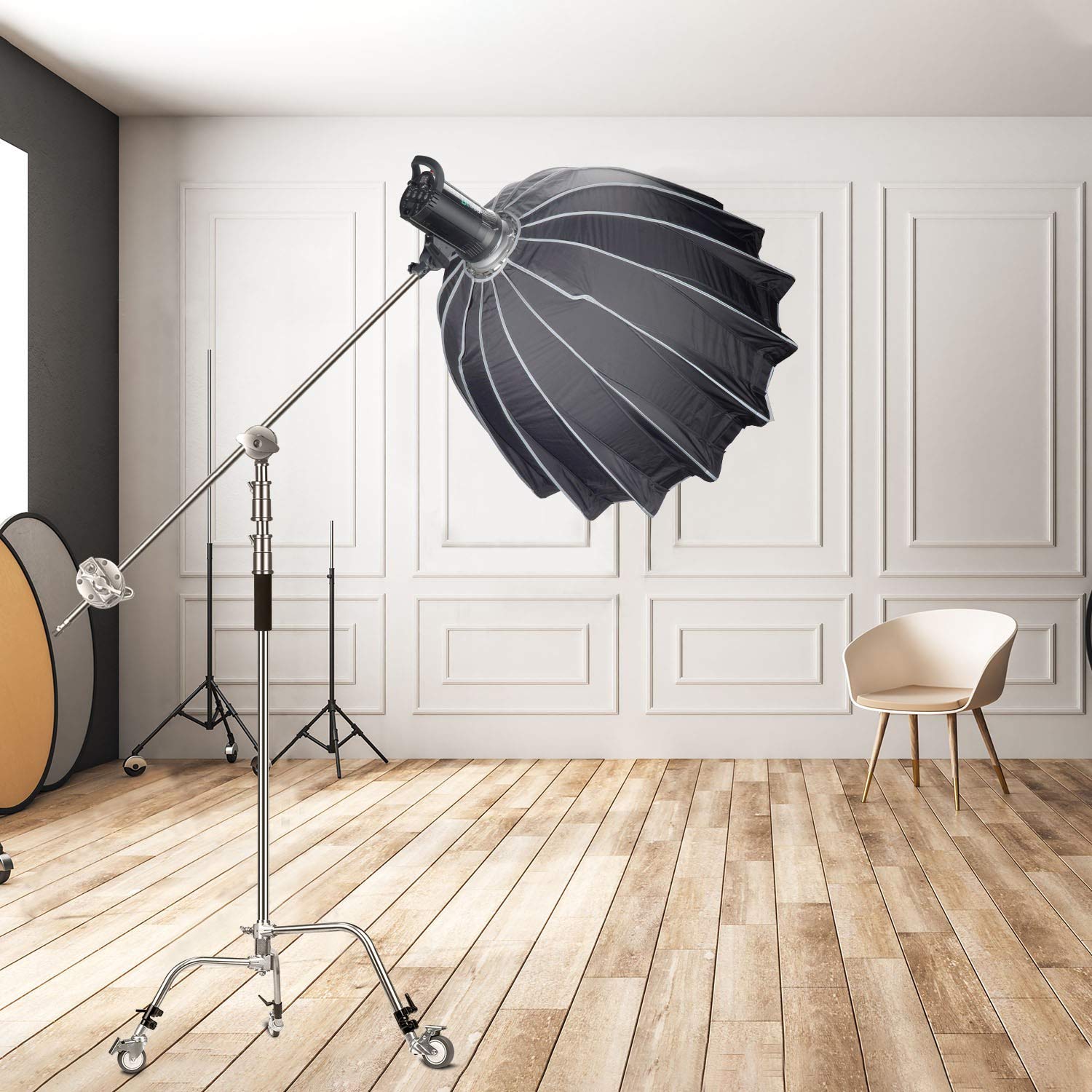 EACHSHOT C Stand 2 Packs with Bags Metal Max 10.8ft/330cm with 3.48ft/106cm Holding Arm 2 Pieces Grip Head for Godox AD400 Pro AD600 Pro AD600BM Aputure 120D 300D II for Photography Studio Video