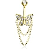 Agrewd Dangle Belly Button Rings - 14G Gold Butterfly Navel Rings for Women - Stainless Steel Piercing Jewelry