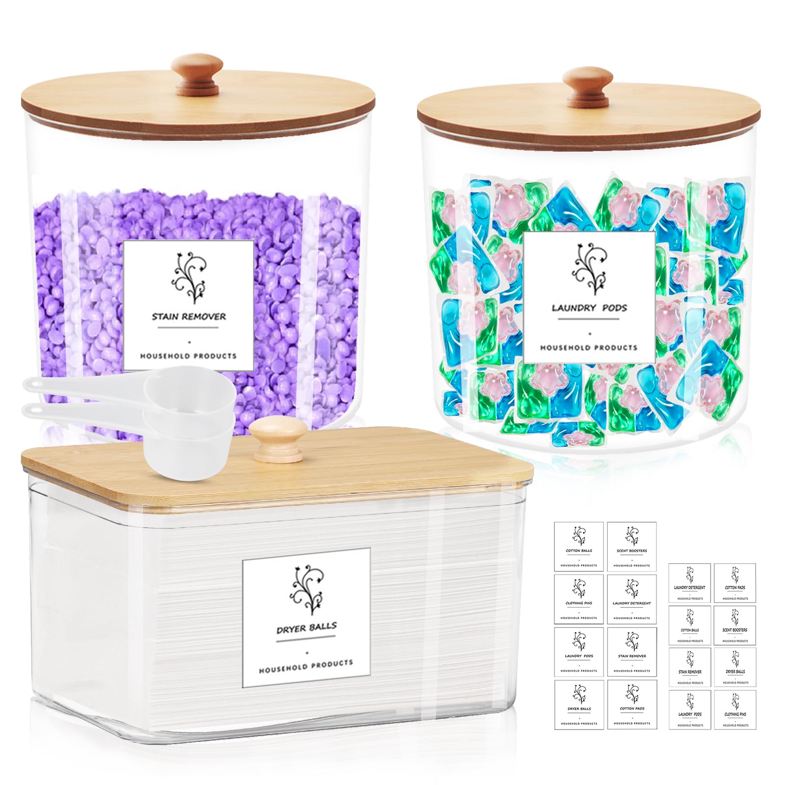 Domigard Laundry Storage Container Jar with Wood Lid, 3pcs Transparent Plastic Jars for Laundry Detergent Storage, High-Capacity Washing Powder Storage Container with 2 Scoops 16pcs Labels for Home(A)