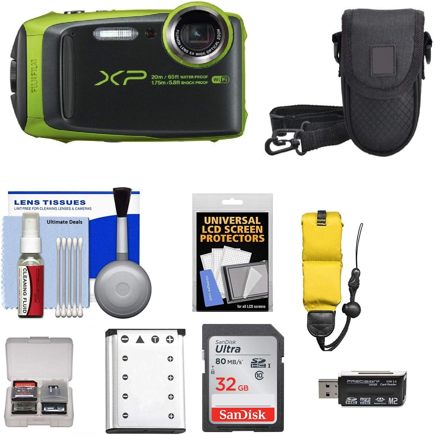 Fujifilm FinePix XP120 Shock & Waterproof Wi-Fi Digital Camera (Lime) with 32GB Card + Battery + Cases + Float Strap + Kit