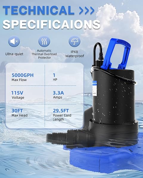 AUTOMATIC POOL COVER PUMP – 1 HP 5000 GPH SUBMERSIBLE WATER PUMP WITH CHECK VALVE AND 3 ADAPTERS, 29.5FT CORD FOR PUMPS ABOVE GROUND AUTOMATIC ON/OFF SYSTEM, SUMP PUMP FOR BASEMENT FLOODS, POND PUMP