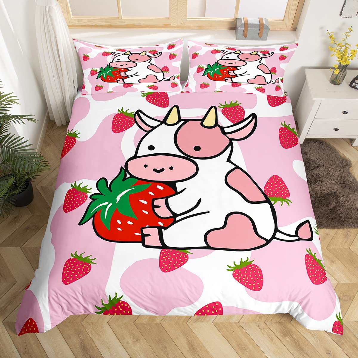 Loussiesd Milk Cow Duvet Cover Pink White Cow Strawberry Comforter Cover Bedding Set For Kids Adults Kawaii Girls Milk Cow Bedspread Cover Ultra Soft Double Zipper — image 1