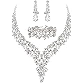 BriLove Women's Wedding Bridal Austrian Crystal Teardrop Flower Cluster Statement Necklace Dangle Earrings Jewelry Set for Party Prom