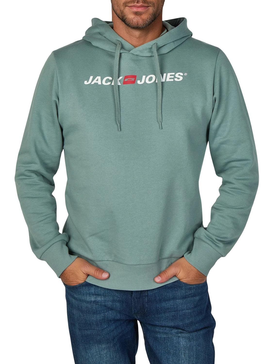 JACK & JONES Hoodie Herren mit Druck JJMORTY Regular Fit Kapuzenpullover Pullover Sweatshirt, Größe:S, Farbe:Trooper (12303641)