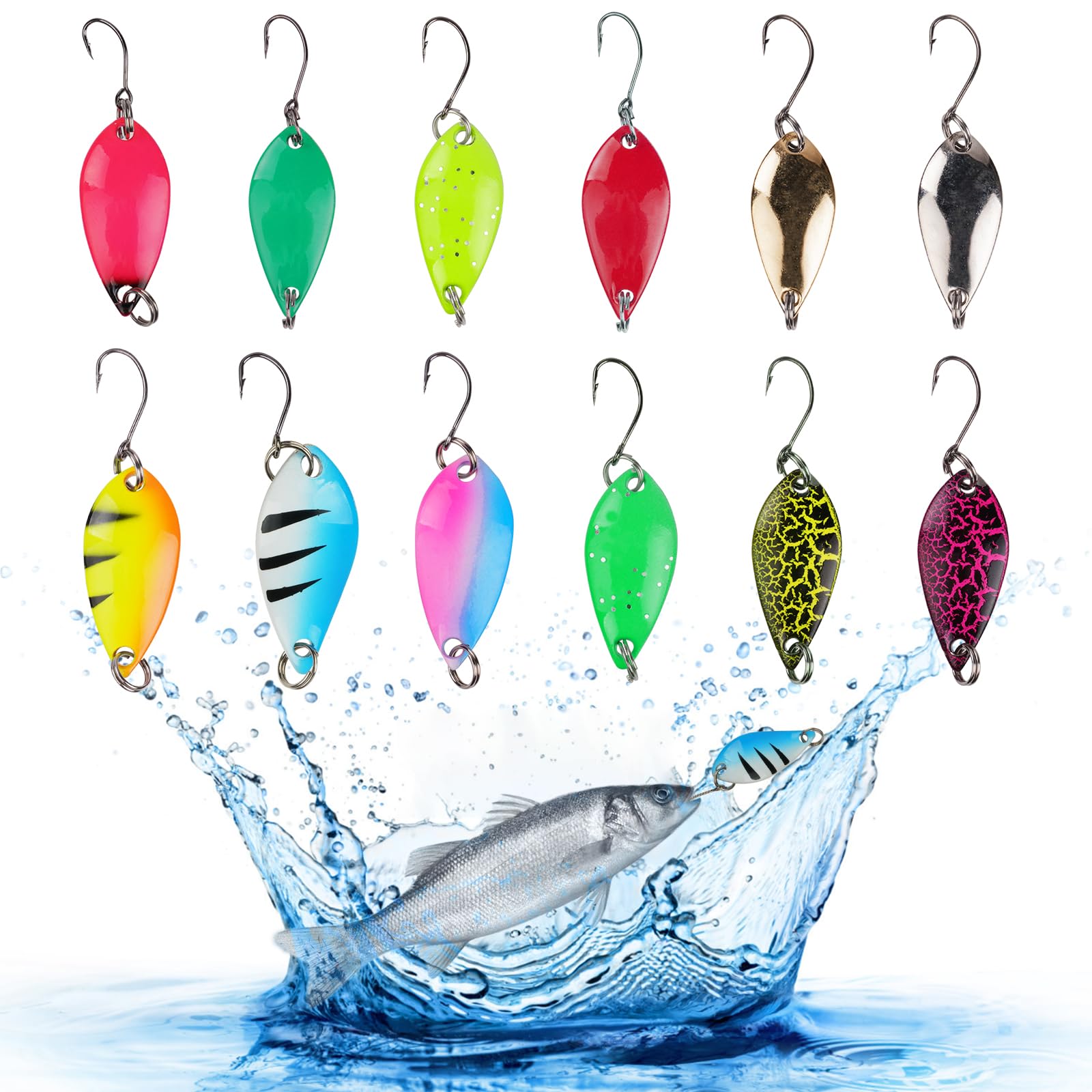 HOTUT Metal Sea Fishing Lures, 12 Pcs Metal Spoons Hard Baits Lures, Sequins Spoons Lure Baits Shiny Saltwater Jigs, Sea Fishing Tackle for Mackerel Cod Bass Pike, Weight 5g