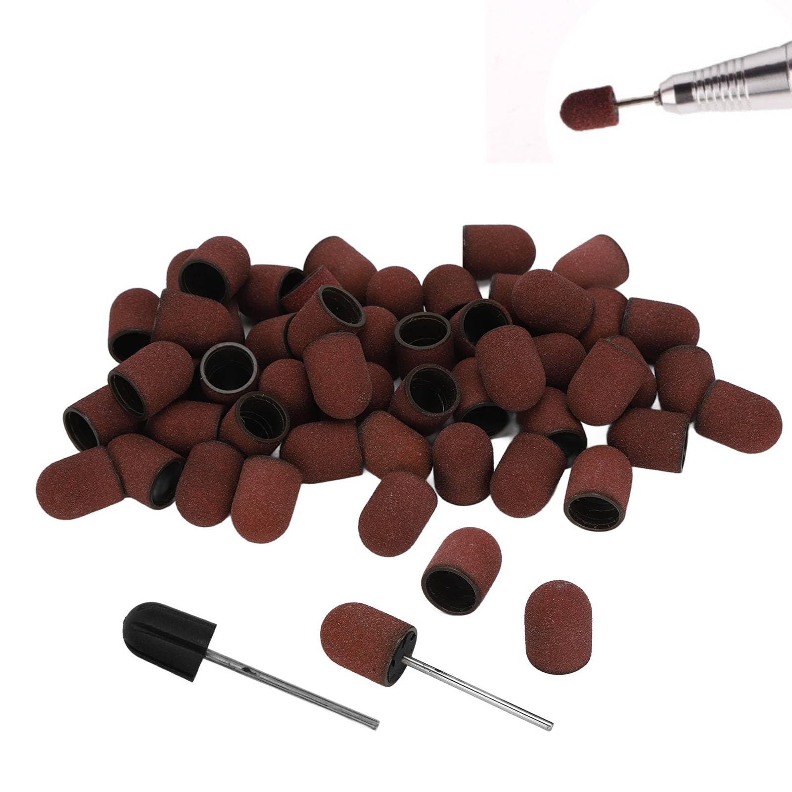 50Pcs Nail Drill Bits Sanding Bands, Nail Dedicated Head Grinding Sanding Cap Polisher Sand 180# Grit Nail Sanding Cap with 2pcs Sanding Shaft for Acrylic Nails Gel Manicures Pedicures Tools