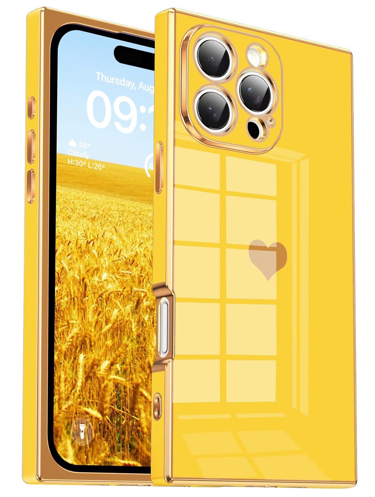 Tzomsze Compatible with iPhone 16 Pro Case,Camera Protection Cute Heart Pattern & Electroplate Reinforced Corners Shockproof Edge Bumper Case for Women Girls 6.3 Inch-Yellow