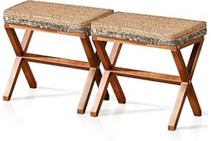 Cpintltr Patio Ottoman Set 2 Hand-woven Seagrass Footrest Stool Rectangular Outdoor Footstool with X-shape Legs Mutifunctional Boho Seat Pouf Ottomans for Living Room Garden Lawn Grey
