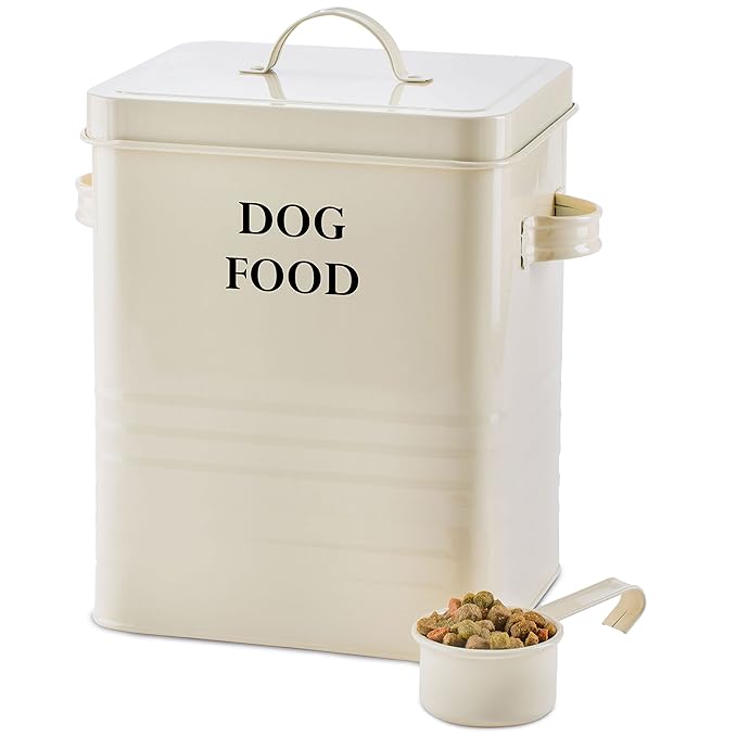 Andrew James Vorratsdose Futterbehälter mit Deckel und Schaufel für Hundefutter und Leckerlis | 2,5 KG Kapazität | Cremefarbi