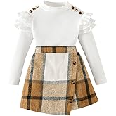 Noubeau Toddler Girls Skirt Set Long Sleeve Ruffle Top Shirt+Plaid Skirt Fall Winter Clothes for Girls 2 Piece Outfits