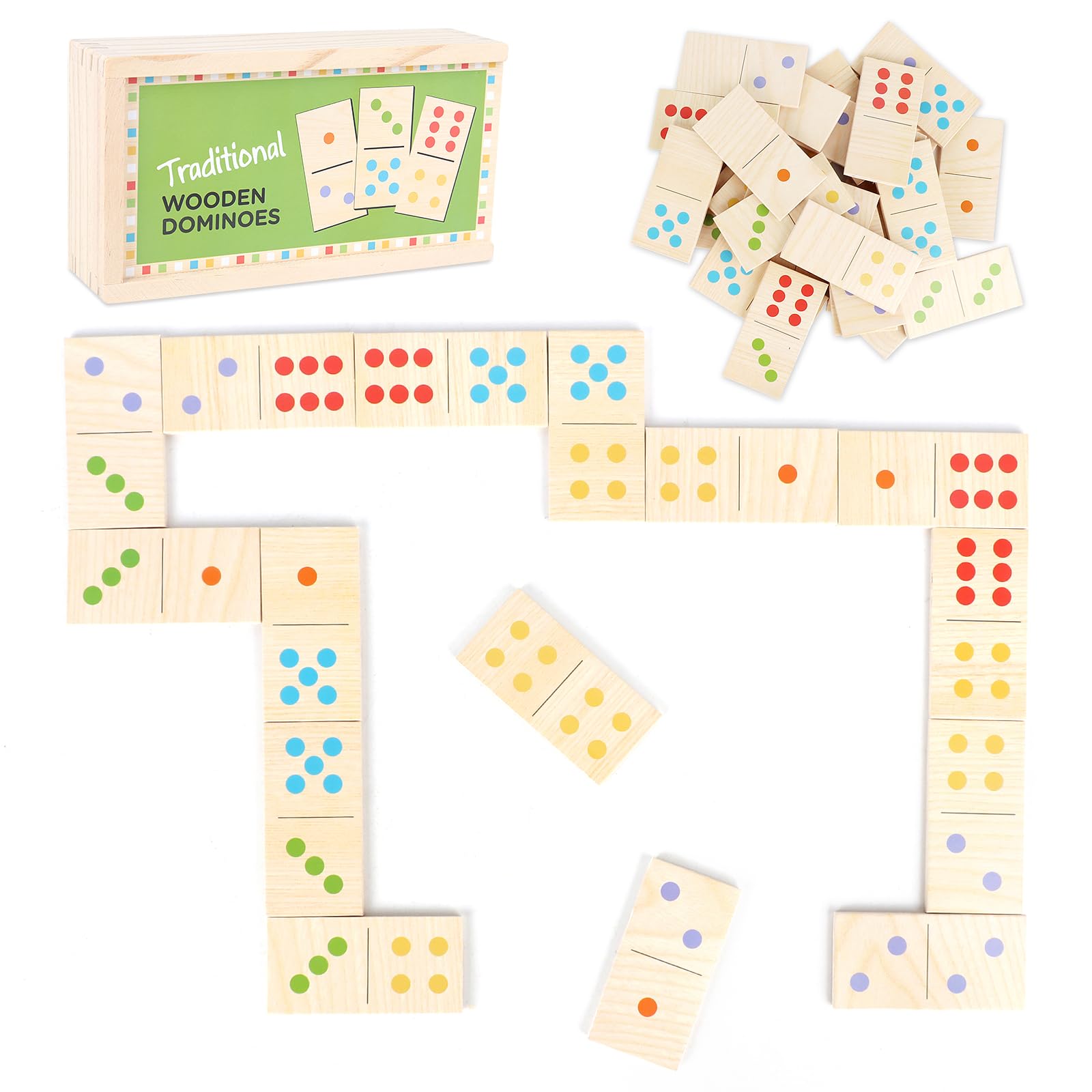 LUFEIS Wooden Dominoes Set, 28 Pieces Dominoes with Storage Box, Number Matching Giant Domino-es Garden Game for Children Boys Girls, Educational Toys for Kids