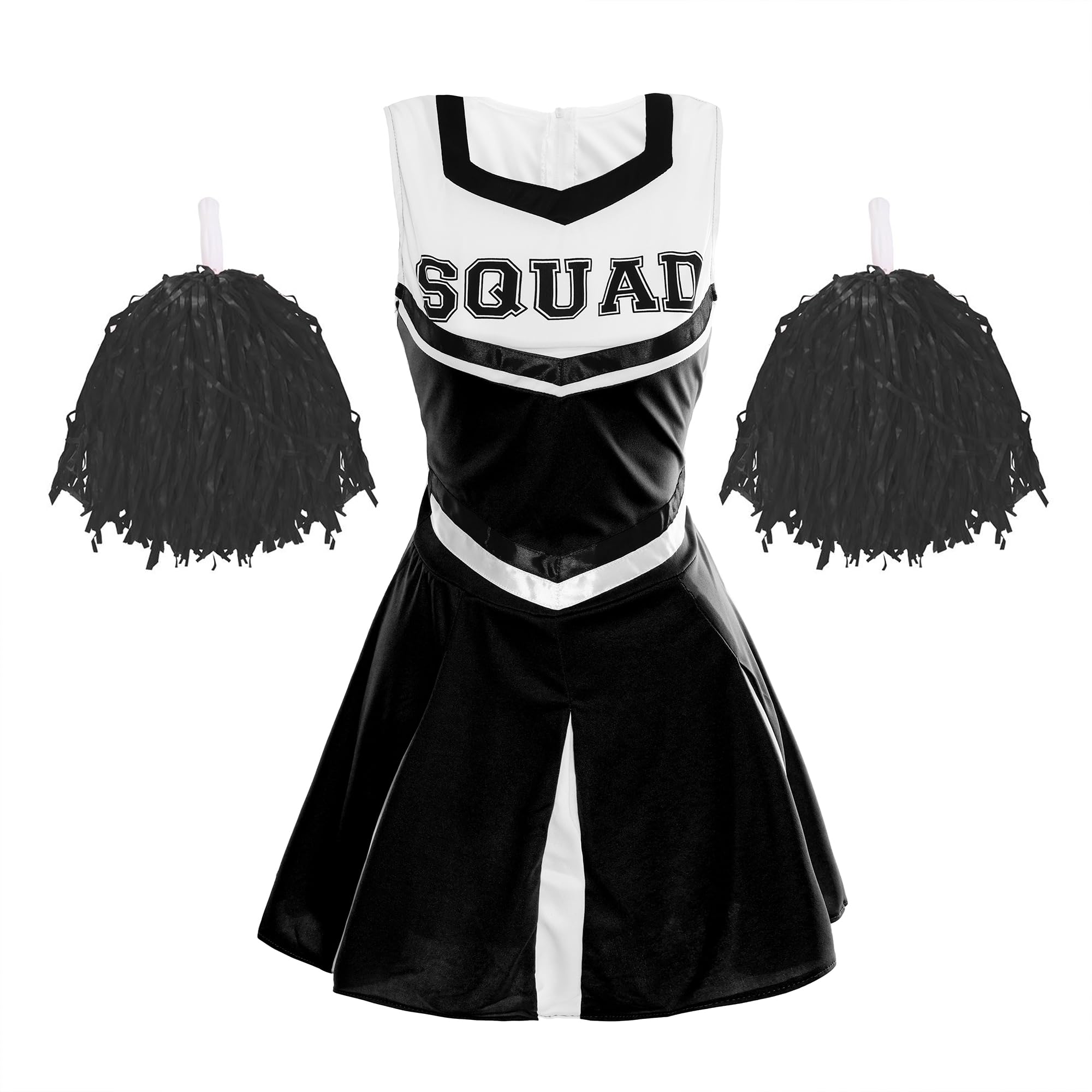 Ladies Cheerleader Costume with Pom Poms - Womens Highschool American Style Fancy Dress Party Outfit (Black – UK 14-16)