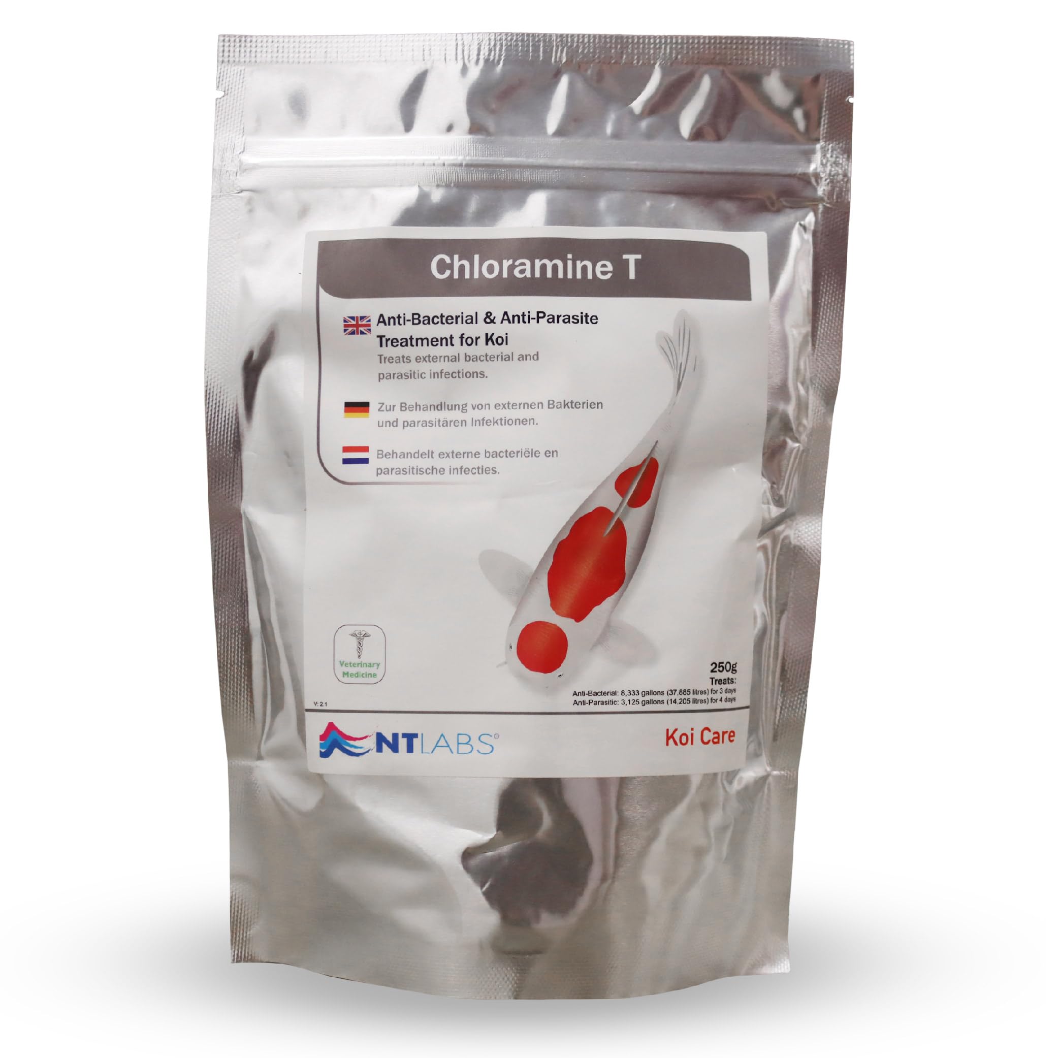 NT Labs Koi Care Chloramine T, Medicine for External Bacterial and Parasitic Infections in Koi, Koi Water Treatment, Broad-Spectrum Koi Medication, Treats Costia, 250g