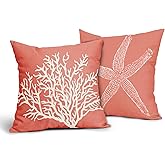 Coastal Coral Throw Pillow Covers 18x18 Inch Set of 2 Starfish Beach Nautical Pillow Covers Summer Farmhouse Pillowscase Linen Square Cushion Covers for Sofa Couch Bedroom Living Room Home Decoration