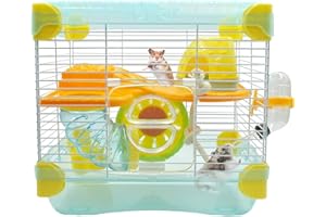 MUYG 2 Layers Hamster Cage with Tubes Mouse Cage with Accessories Water Bottle Food Dish Transparent Hamster Habitat with Exercise Wheel for Hamster Guinea Pig Gerbil (10.9" x 8.1" x 9.8" Blue)