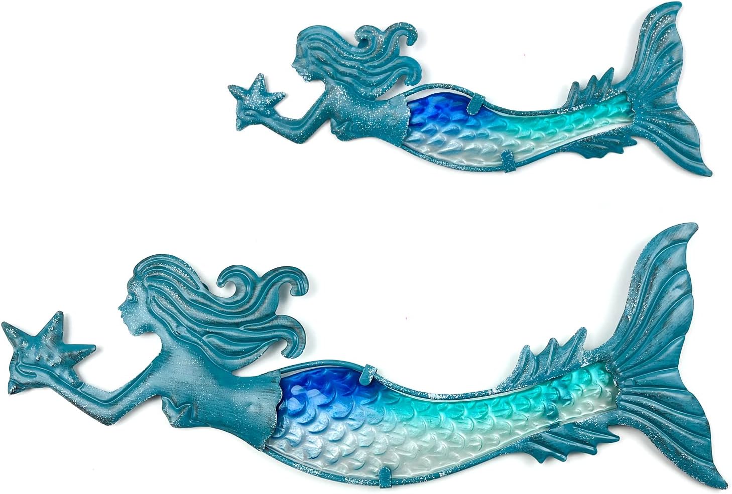 Plaques & Wall Art - LIFFY 2PCS Metal Fish Wall Decor Mermaid Art Sculpture Hanging for Outdoor Ocean Beach Sea Pool Decorations (Mermaid Set 2)