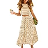 Zontroldy Women's Summer 2 Piece Outfits Striped Skirt Sets Cap Sleeve Crop Top Midi Dress Matching Travel Outfits
